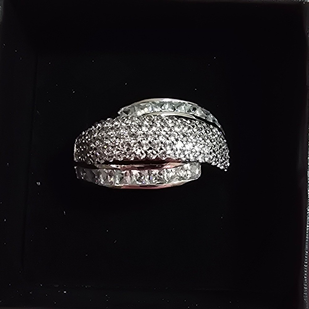 925 Sterling Silver Crossover Pave Princess Cut CZ Statement Ring Size 6.5‎